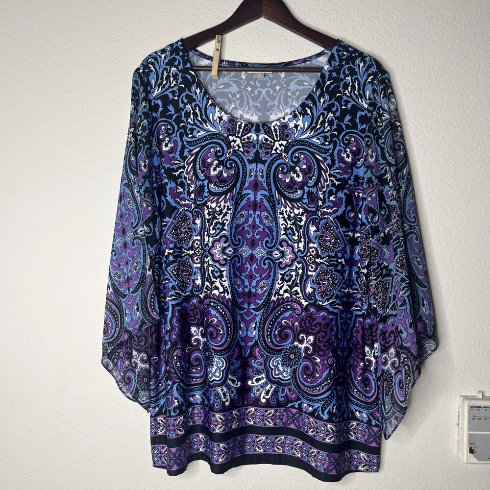 Roz & Ali 3/4 Sheer Wide Sleeve Rounf Neck Paisley Blue Printed Top Blouse SZ XL